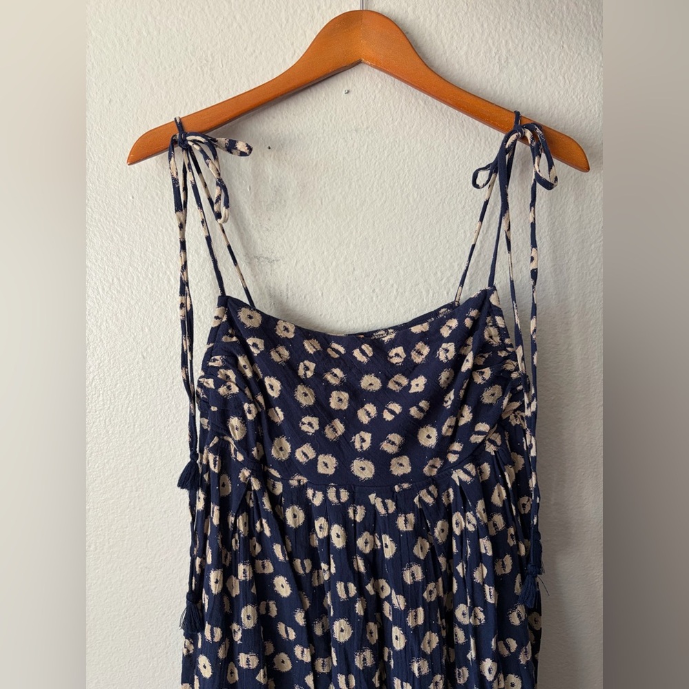 Free People Floral Indigo Molly Tunic Boho Babydoll Top Navy Cream Women’s Large - Picture 2 of 10